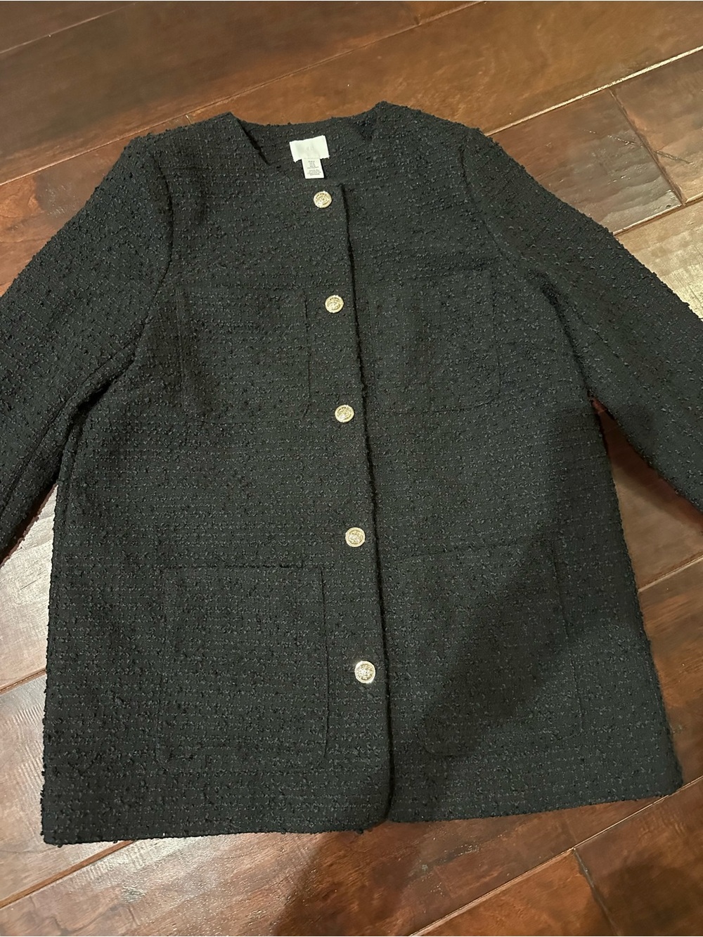 H&M Black Textured Collarless Jacket with Gold Buttons